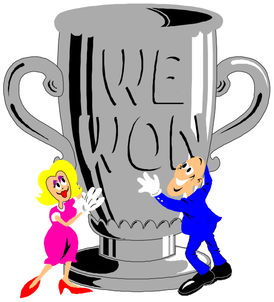 The image features a cartoon couple standing next to an oversized trophy with text that reads "Winner Won."