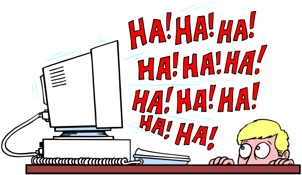 The cartoon shows a person sitting at a computer with an exaggeratedly large laugh emanating from it; above them is another character saying "HA HA HAAAAA" in speech bubbles while pointing to their own head, indicating that laughter has been transferred or caused by something on the screen.