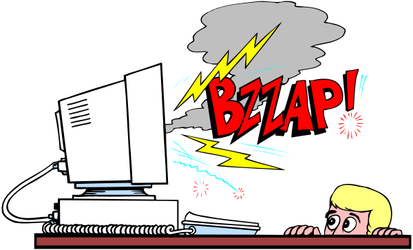 The cartoon shows a person sitting at a desk with an open laptop computer that has been struck by lightning from above; there is text on top of the image reading "BELAPI!"