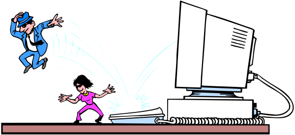 The image shows a black and white cartoon of two characters: an animated man on top who is flying through mid-air with his arms outstretched as if he's in motion; below him stands another character, also animated but smaller in scale than the first one, holding what appears to be a book or document. The setting seems to depict some sort of office environment due to the presence of an open laptop and other typical desk items like papers scattered around on top of it all.
