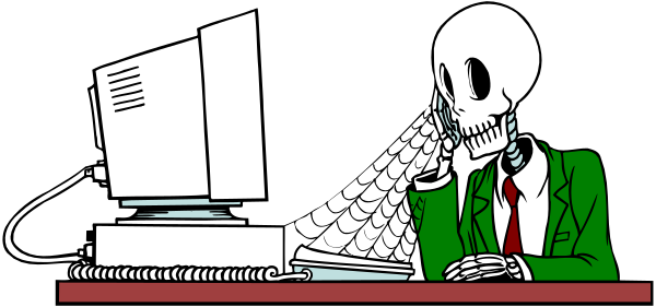 The cartoon shows a skeleton sitting at an office desk with its head on top of a computer monitor that displays "Kevin" in white text against a black background; it is wearing glasses over one eye, and there's a red tie around its neck.