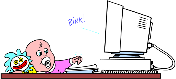 The cartoon shows a computer with an animated character sitting at it; there's also another figure standing next to the screen holding up its hand as if in surprise or excitement.