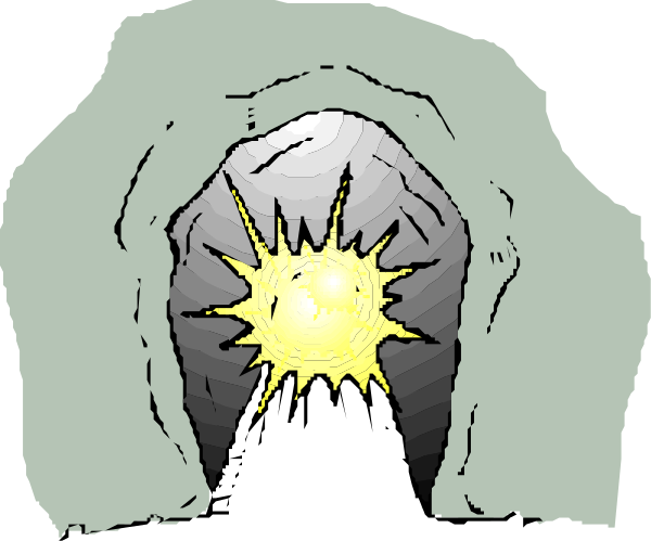 The image shows a black and white cartoon of two cave entrances with light shining through them; there is no text present in this clip-art illustration.