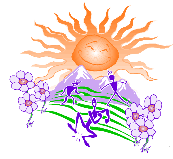The image depicts a cartoon sun with rays extending outward at its sides; below it is an illustration of two figures running on what appears to be grassy ground towards mountains in the distance under a blue sky, and there's text that reads "Nature" above them.