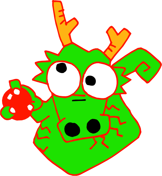 The image shows a cartoon of an alien creature with large eyes that appears surprised or shocked next to another character who is holding what looks like a red apple in its hand.