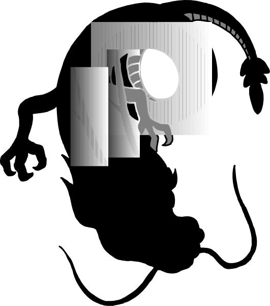 The black and white photo shows a stylized depiction of an alien creature peeking through what appears to be a window with its head sticking out from behind it.