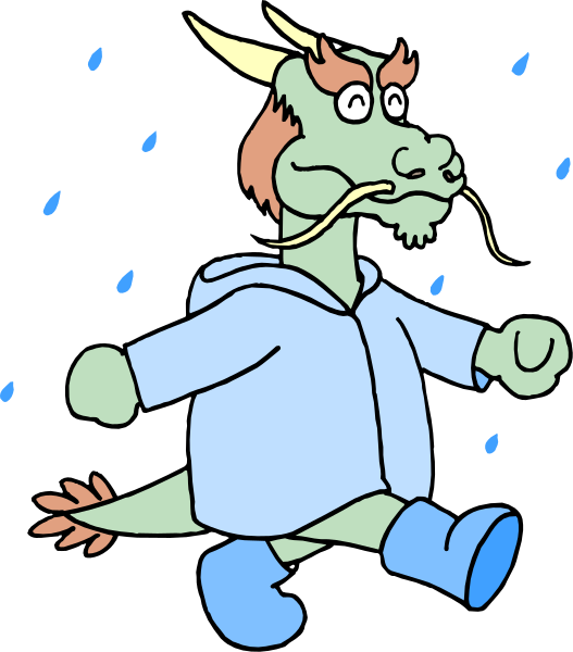 The cartoon depicts a dragon wearing an umbrella running through raindrops with its tongue out.