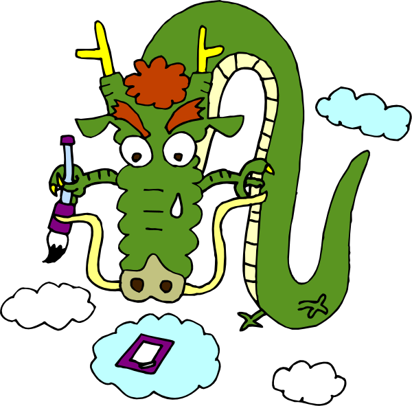 The cartoon features a green dragon with red hair on its head holding an open book while standing next to a cloud that has two blue eyes peeking out from behind it in front of which is another smaller dragon, also colored green and wearing glasses over one eye.