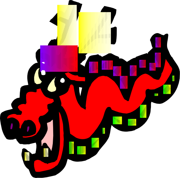 The image shows a cartoon dragon with red scales flying over an urban landscape at nighttime, featuring buildings illuminated by colorful lights against a dark sky background.