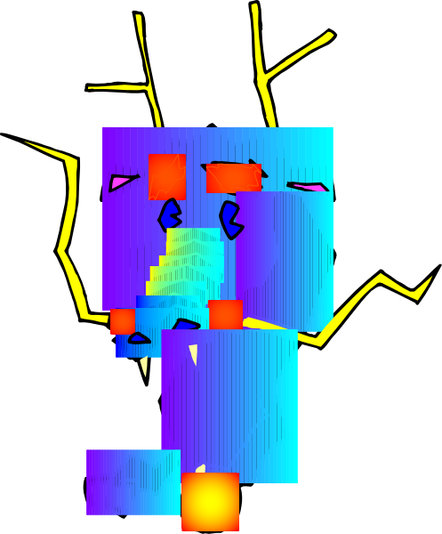 The image shows a pixelated representation of an abstract face with various shapes forming its features against a dark background.