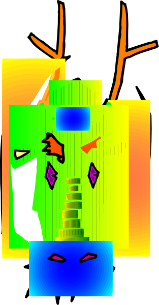 The image shows a pixelated representation of an abstract scene with various shapes that resemble different elements such as trees, buildings, and possibly other structures in shades of blue, green, red, yellow, purple, orange, white, black, gray, brown, pink, beige, cream cheese, mustard, ketchup, relish, mayonnaise, lettuce, tomato, onion, pickle, banana peel, and a slice of pizza.