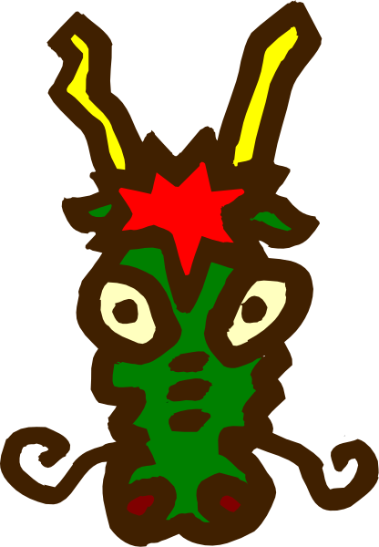 The image shows a cartoon of an animal with large eyes that appears to be smiling at something offscreen; it has antlers on its head and is colored in shades of green and red.