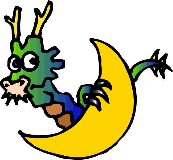 The image shows a cartoon of an animated dragon character with horns on its head riding atop what appears to be a crescent moon in front of a dark background.
