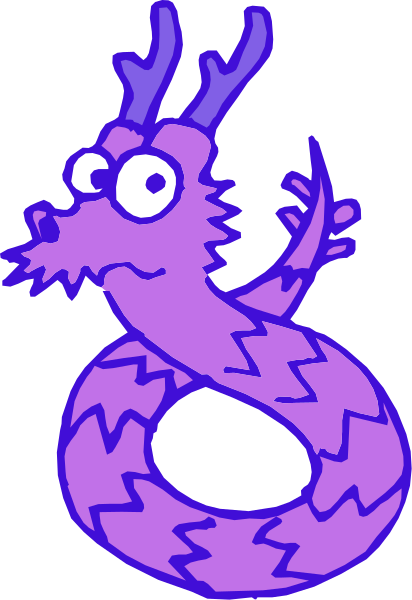 The image shows a cartoon of an anthropomorphic purple dragon with large eyes sitting on top of another creature that resembles a snail; both characters have exaggerated facial expressions.