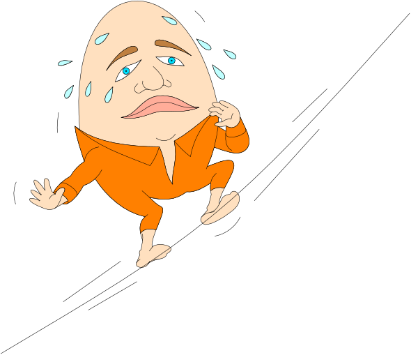 The cartoon shows a man with an egg head running away from something while looking back over his shoulder; he is wearing orange pajamas and has blue eyes.