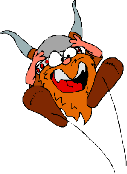 The image shows a cartoon character with an exaggerated facial expression wearing Viking attire floating above what appears to be a black background on the right side of the frame.