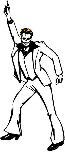 The image shows a black and white illustration of an animated character dancing with their arms outstretched against a dark background.