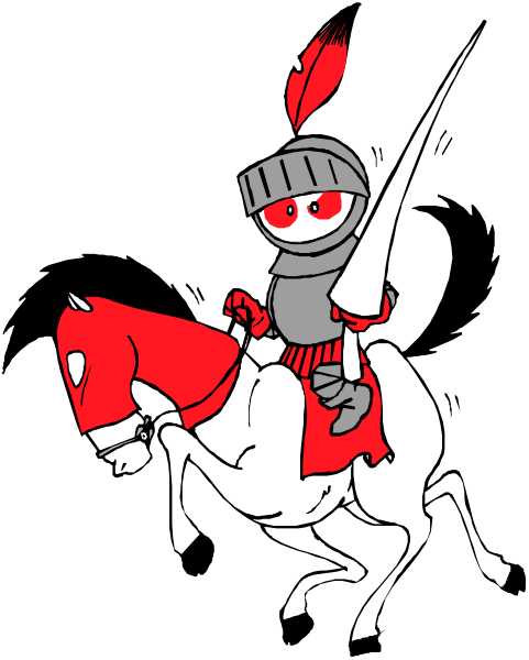The black and white illustration features a knight on horseback with red accents riding through what appears to be an outdoor scene at nighttime.