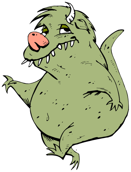 The illustration shows a cartoon monster with an exaggeratedly large head standing upright on two legs against a black background.