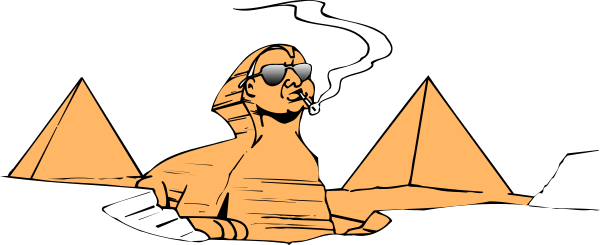 The image shows a black and white cartoon of an ancient Egyptian scene with hieroglyphics on stone tablets depicting pharaohs in profile facing each other; one is smoking from a hookah, while another holds what appears to be a staff or scepter.