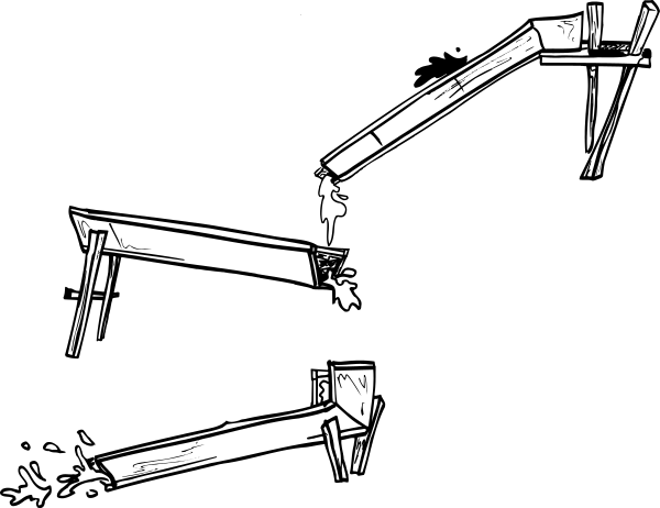 The black and white illustration shows a person standing on top of an overturned desk with legs sticking out from underneath it in what appears to be a dark room.
