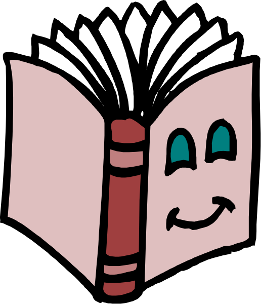 The image shows a cartoon book with an open cover revealing pages inside, featuring illustrations of books on its spine; there is also a small smiley face drawn in red atop one page within the opened book.