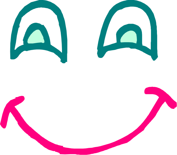 The image shows a cartoon face with eyes closed, smiling mouths on either side of its head, and two pink lines drawn above it to represent eyebrows.