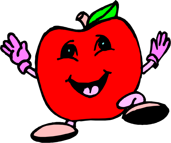 The image shows a cartoon apple character with arms outstretched against a black background.