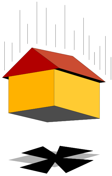 The image shows a stylized house with an orange roof on its side against a black background; it's part of a larger graphic that includes other elements like buildings in various states of completion and construction materials, suggesting some sort of development project is being depicted or advertised.