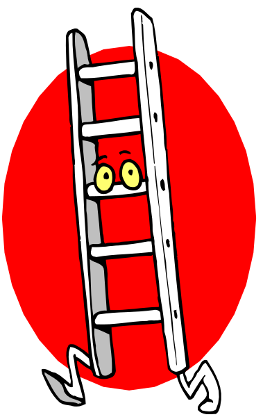 The cartoon shows a ladder with eyes peeking out from behind it against an orange background; there is no text present in this image.