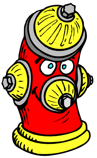 The illustration shows a red fire hydrant with yellow caps on its outlets, featuring two eyes drawn to look surprised or shocked, set against a gray background that resembles concrete pavement.