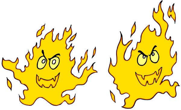 The image shows two animated flames with faces expressing anger; there's no text present.
