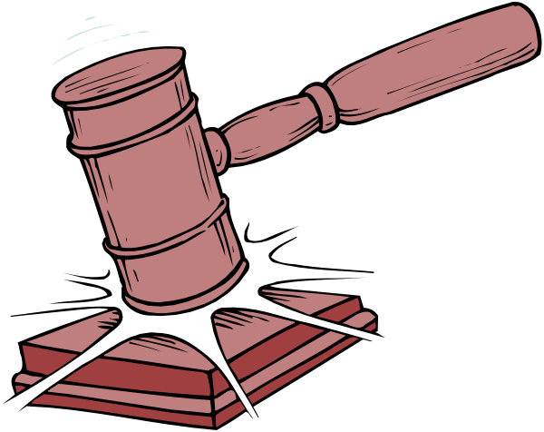 The illustration shows a cartoon depiction of an oversized gavel with its handle pointing upwards on top of what appears to be a red book lying flat in front of it.