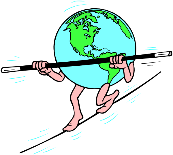 The cartoon shows a person lifting an oversized globe with their arms crossed over it while running on what appears to be water skis in mid-air against a black background.