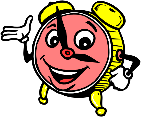The image shows a cartoon clock with eyes that appears to be smiling at something off camera.