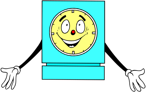 The image shows a cartoon of an animated clock with eyes that appears to be smiling at something offscreen while standing on what looks like a blue surface in front of another object resembling a wallpaper pattern, and there is no text present within this small clip-art image.