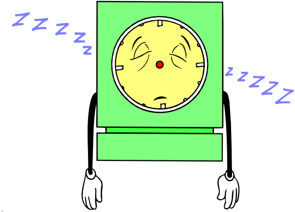 The image shows a cartoon of an alarm clock with eyes that appears to be awake at night due to its glowing hands; it has two small figures on top resembling humans who seem distressed by this, and there is text above them reading "SLEEP" in bold letters.