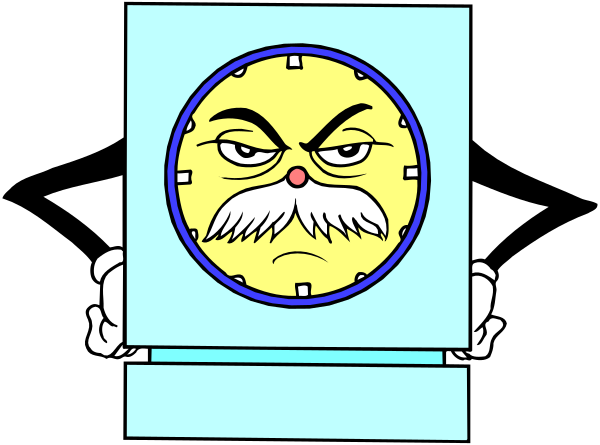 The cartoon shows a character with an exaggerated mustache inside of what appears to be a clock face.