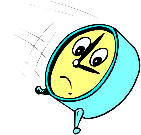 The cartoon shows a blue alarm clock with an angry expression on its face, set against a black background; it has two arms extended outward as if in surprise or shock at something happening outside of itself that is causing motion blur around it.