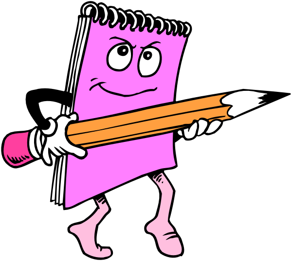 The cartoon depicts a pink book character holding an oversized pencil with eyes on it while standing upright against a black background.