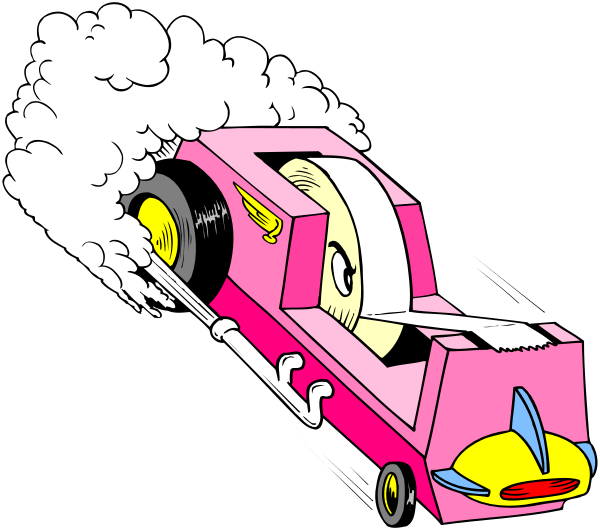 The cartoon shows a pink toy car with smoke coming out of its back driving on what appears to be an overcast day under dark clouds in black-and-white coloring.