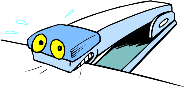 The cartoon shows a train with two eyes on its side traveling through an open landscape under clear skies.