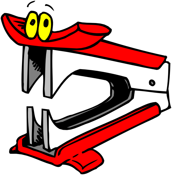 The black and white illustration shows a stapler with an open mouth on its right side against a dark background.