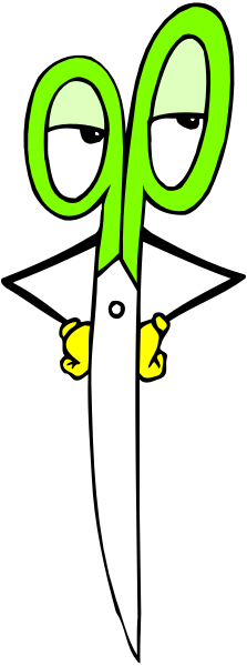 The image shows a cartoon of an anthropomorphic scissor character with green eyes wearing glasses standing against a black background in front of white stripes.
