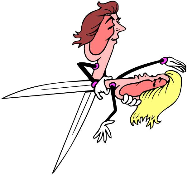 The black and white cartoon shows a man with blonde hair holding two swords crossed over his head while another figure is being cut in half by them from behind; both figures appear to be male characters wearing suits, one of whom has red lips painted on him as if he's kissing the other.