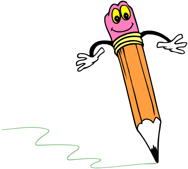 The image shows a pencil with eyes drawn on it standing upright against a black background; there is no other content visible in this clip-art representation of an animated scene.