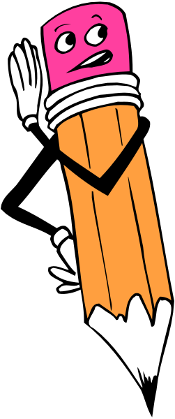 The image shows a cartoon of an eraser with eyes that has been anthropomorphized to look like it's holding up its pencil arm as if waving at someone while standing in front of what appears to be a wall, possibly indicating some sort of classroom or school setting.