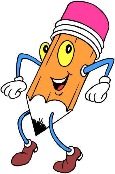 The cartoon depicts a pencil character with exaggerated features standing upright on two legs against a black background.
