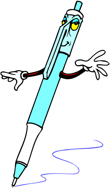 The image shows a cartoon of an ink pen with eyes that appears to be writing on paper while splashing blue liquid around itself in motion; it is set against a black background with white lines creating diagonal stripes, and there's no text present.