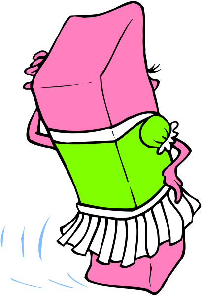 The cartoon shows a pink cube with two green cubes on top of it; there is also an animated character in white who appears to be running towards them from behind.